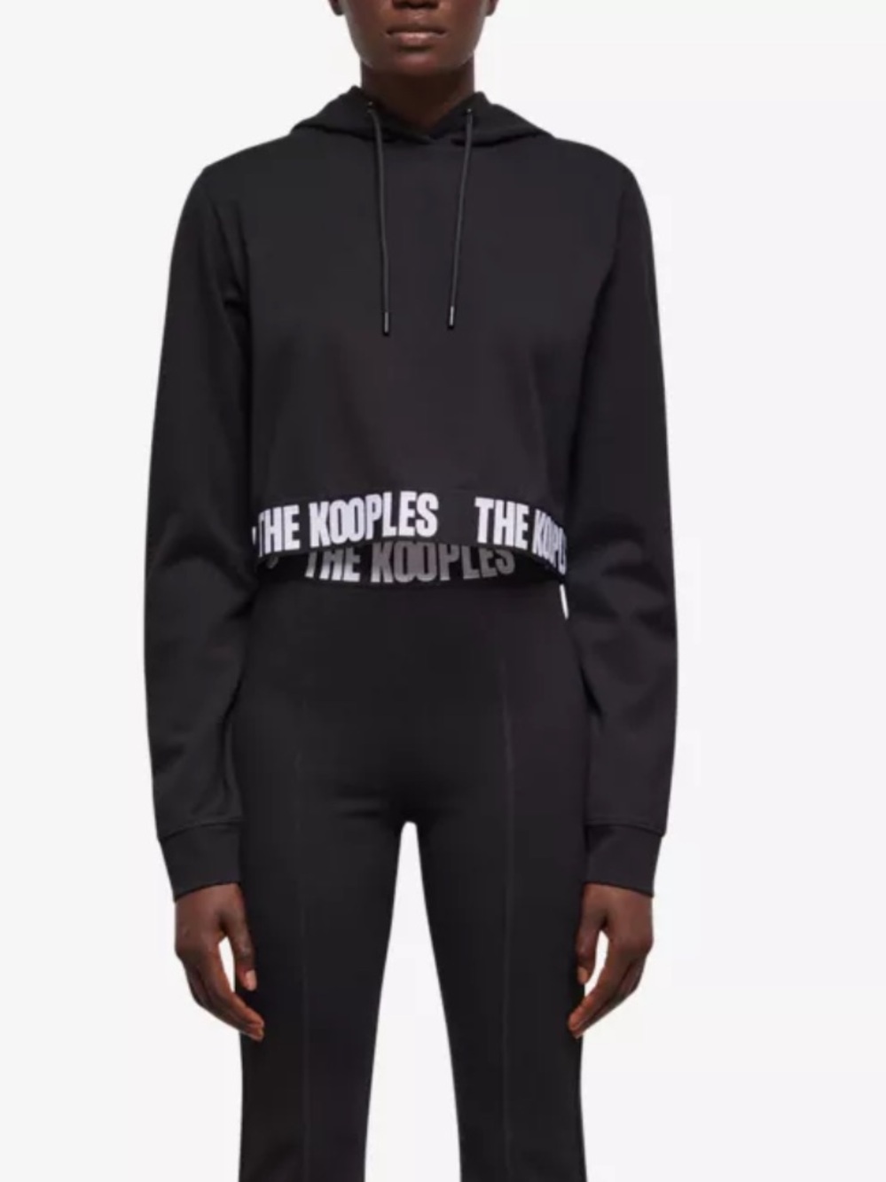 The Kooples Black Cropped Logo-Trim Hoodie